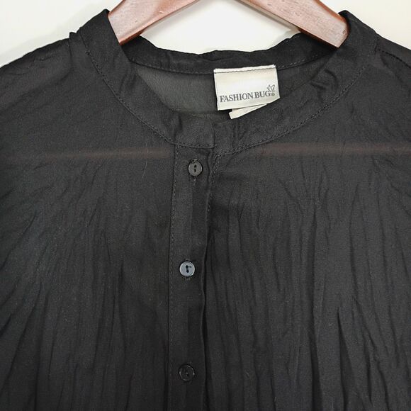 Vtg Fashion Bug Sheer Black Crinkle Button Down Blouse Lace Trim XL Goth Grunge - Picture 3 of 5